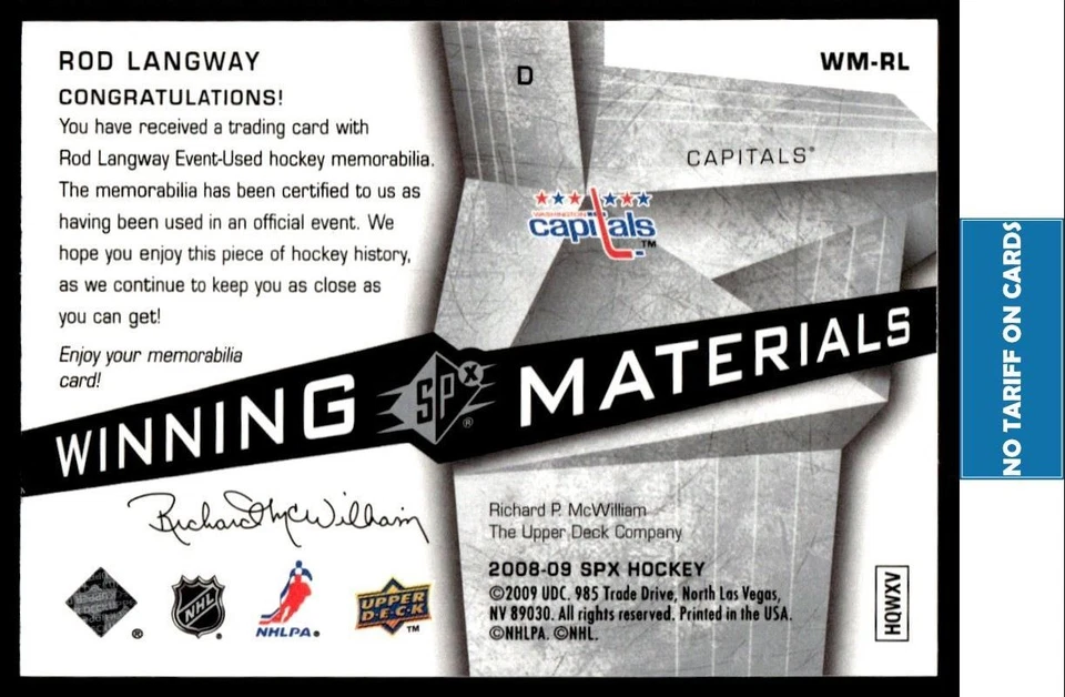 2008-09 SPx Winning Materials Rod Langway Washington Capitals #WM-RL - Image 2 of 2