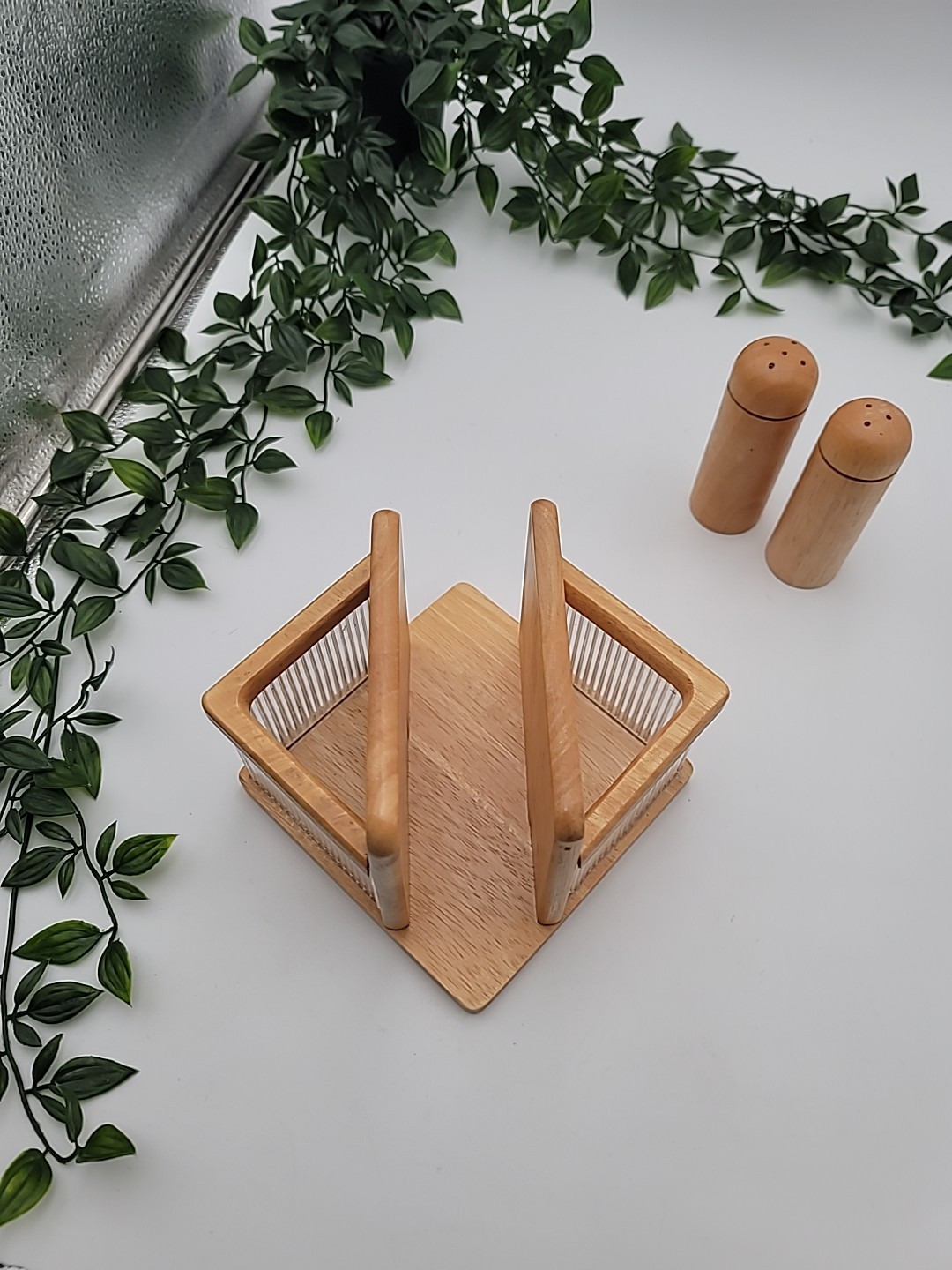 M Kamenstein Salt Pepper Shaker Napkin Holder Wood 80s 90s Kitchen Table Decor 