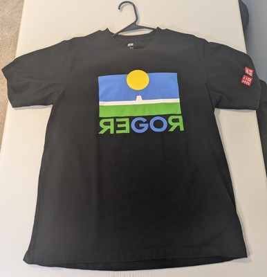 Uniqlo Roger Federer Men's Black Graphic Print Logo Short Sleeve T-Shirt L