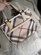Burberry Checkered Top Handle Bag with Scarf Accent, Logo Plaque, Inner Pockets