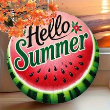 Vintage Hello Summer Sign with Watermelon Slice Red Green 7.8x7.8in