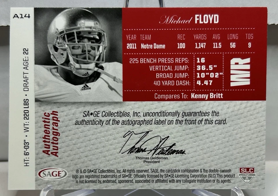 Michael Floyd - 2012 SAGE Platinum (Auto) RC🔥Notre Dame🔥/50 - Image 2 of 2