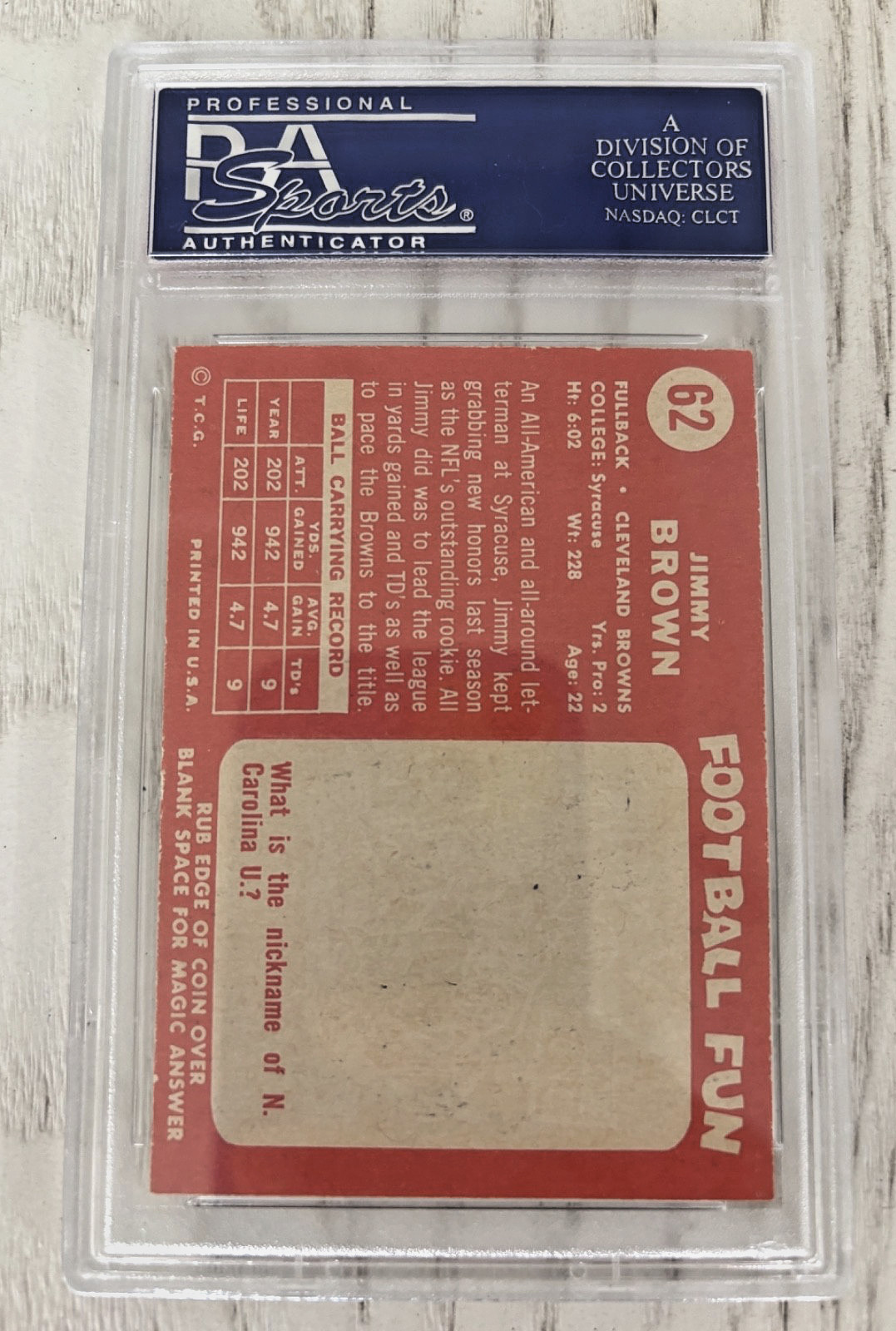 Jim Brown 1958 Topps #62 Rookie PSA 6 EX-MT, Great Centering and Eye Appeal! view 2
