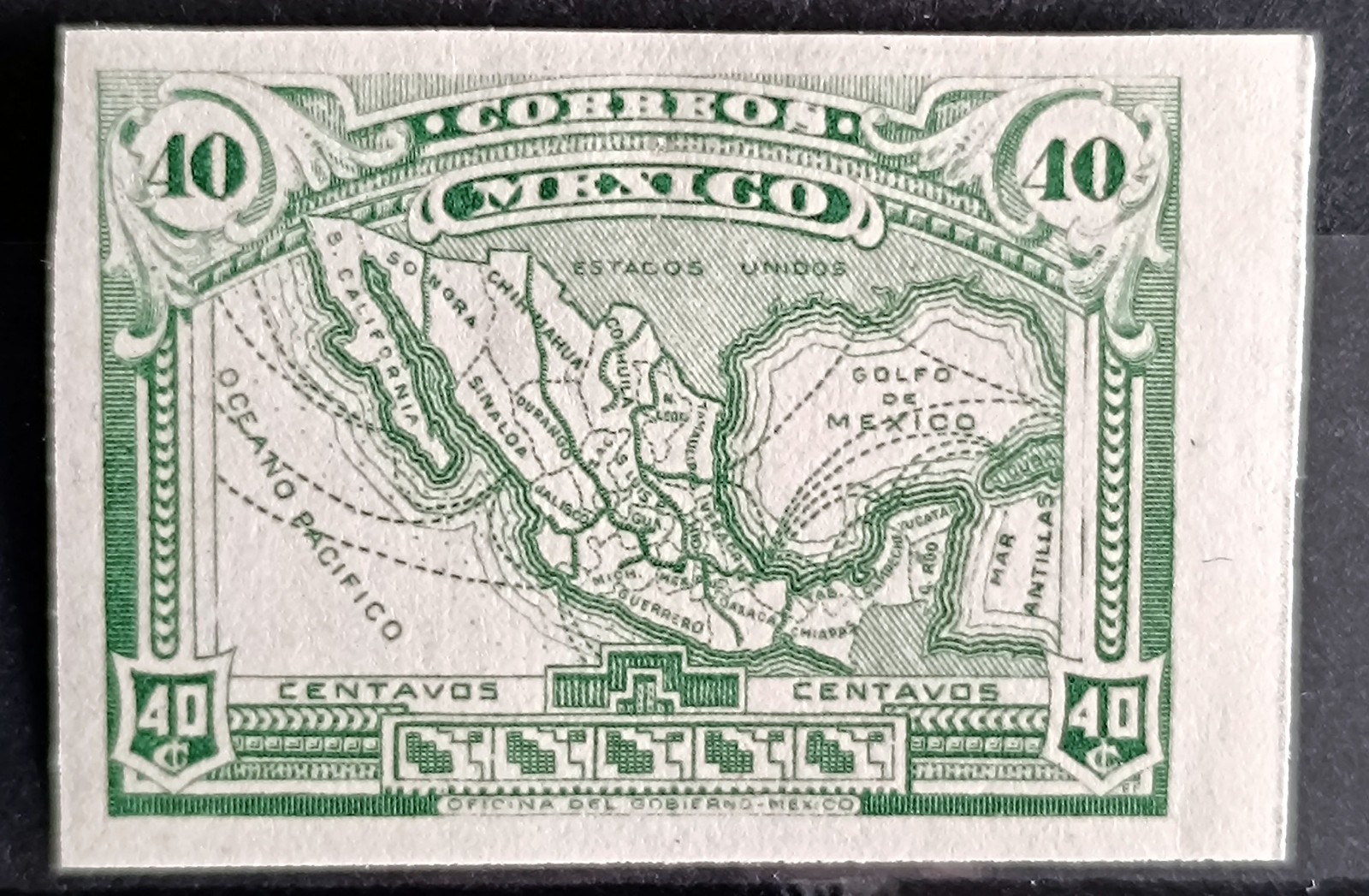 MEXICO 1915 40c. MAP SLATE GREEN Imperf. PROOF Scott cat. 512var mint NH rare th