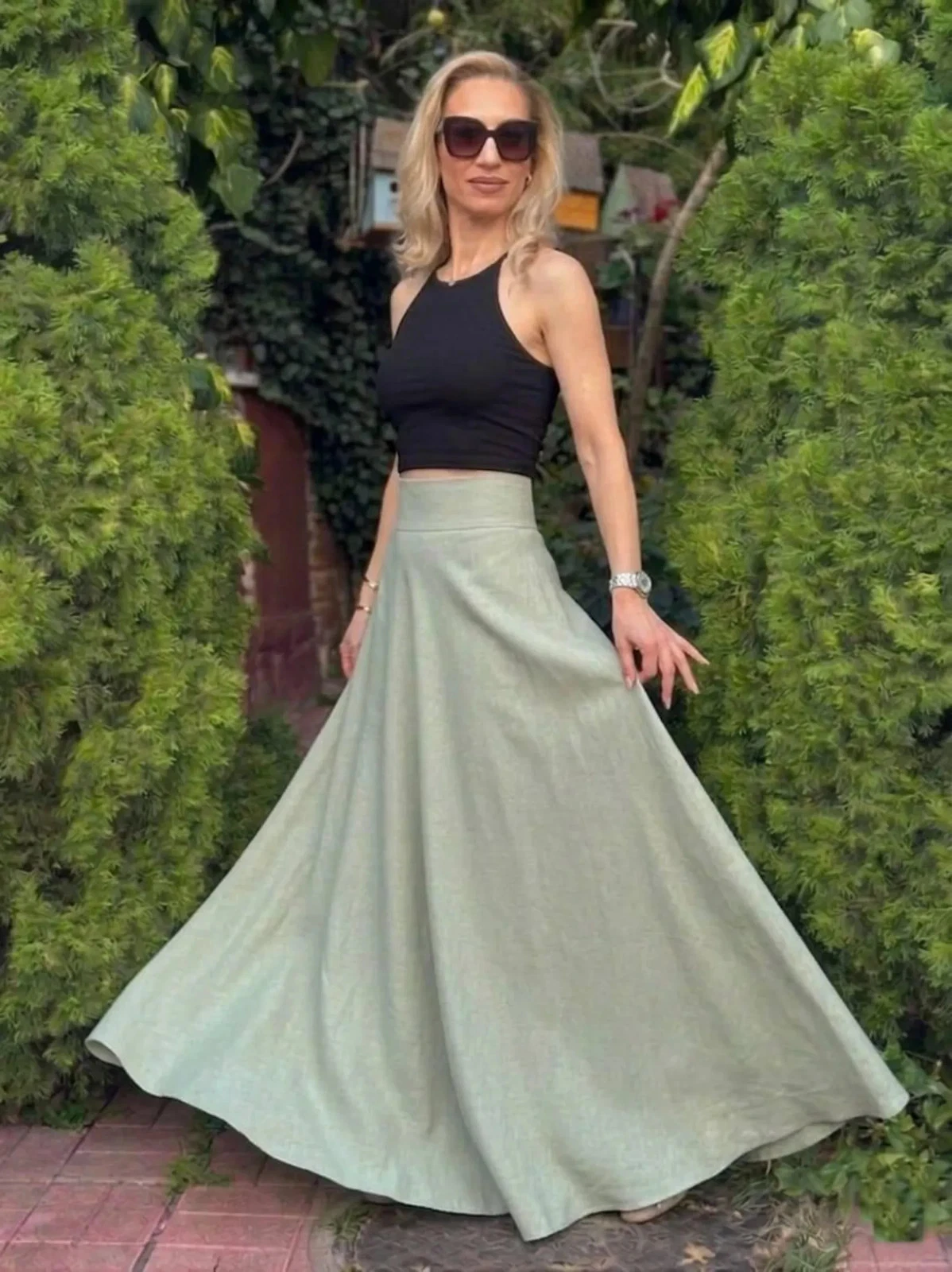 Custom Linen With High Waist Mint Maxi Skirt: Long, A-Line Walking Summer Skirt