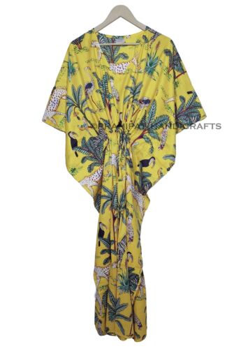 Animal Algodón Estampado Verano Amarillo Pijama Gypsy Largo Mujer Vestido Caftán - Imagen 3 de 9