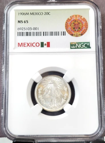 1906 MEXICO SILVER 20 CENTAVOS NGC MS 65 RARE GEM BU AMAZING COIN