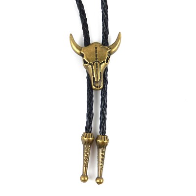 Western Cow Skull Steer Head Bolo Tie Antique Bronze 40 in Genuine Leather Cord