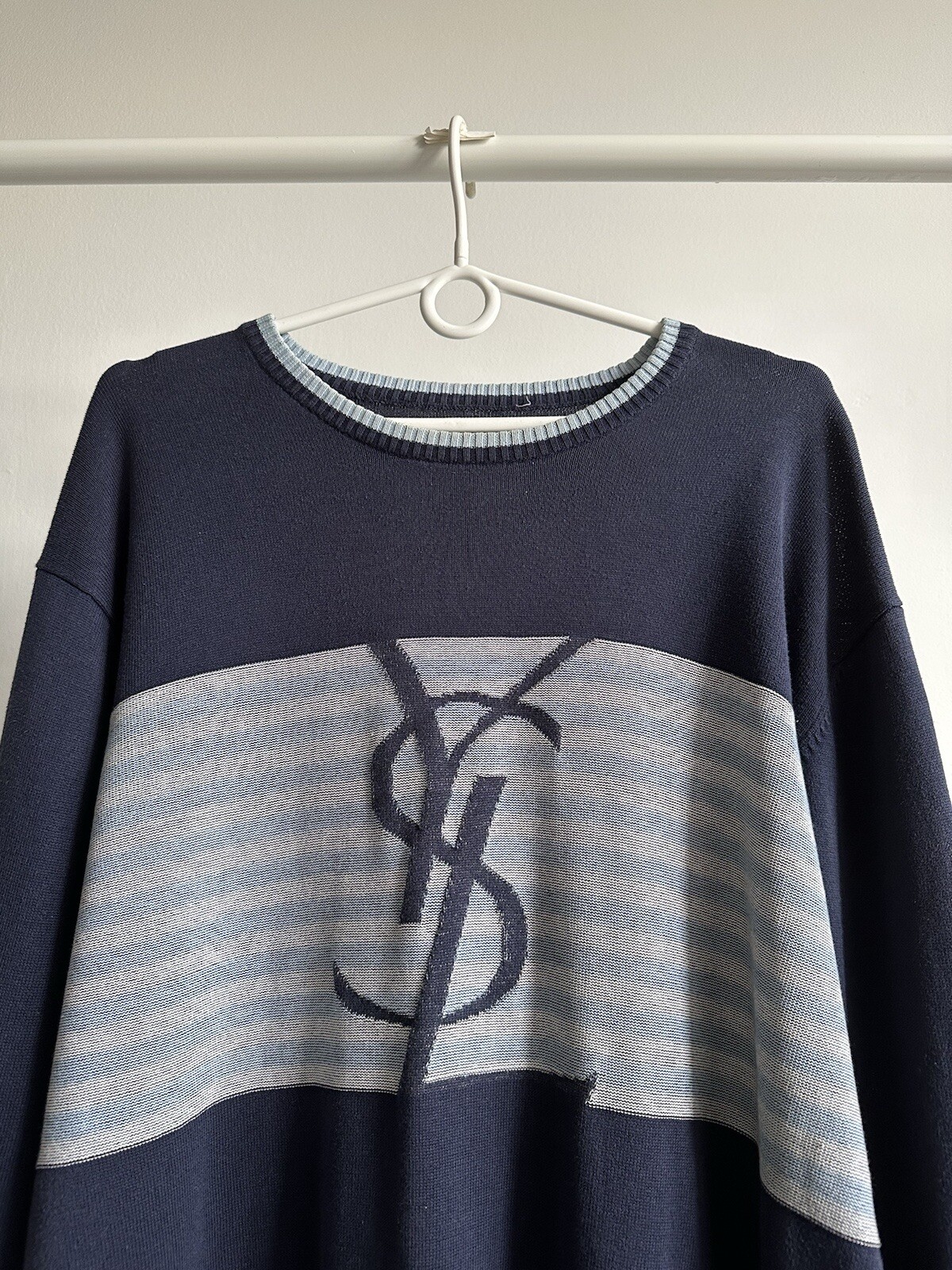 Maglione YSL vintage Yves Saint Laurent grande logo uomo blu taglia XL