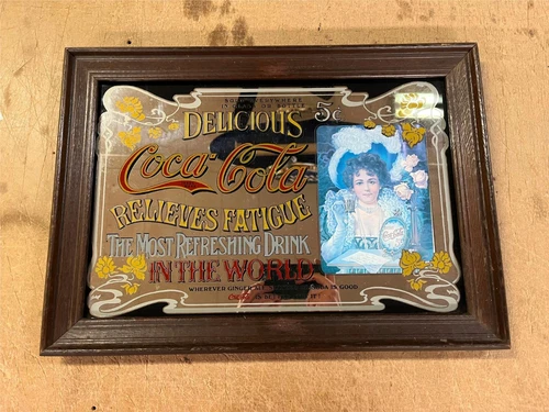Vintage 1980s Coca Cola Framed Advertising Mirror Soda Sign Victorian Lady 14X20