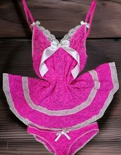    Y2K ViCTORiA'S SECRET HOT PiNK SHEER LACE RUFFLE TRiM BABYDOLL LiNGERiE SET S