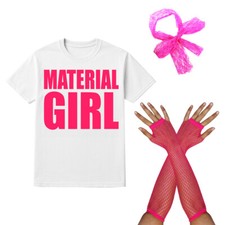 LADIES 80'S MATERIAL GIRL T-SHIRT + NEON FISHNET GLOVE  LACE COSTUME FANCY DRESS