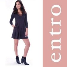ENTRO Sweater Dress Womens S Navy Blue Heathered Knit Criss Cross Long Sleeves