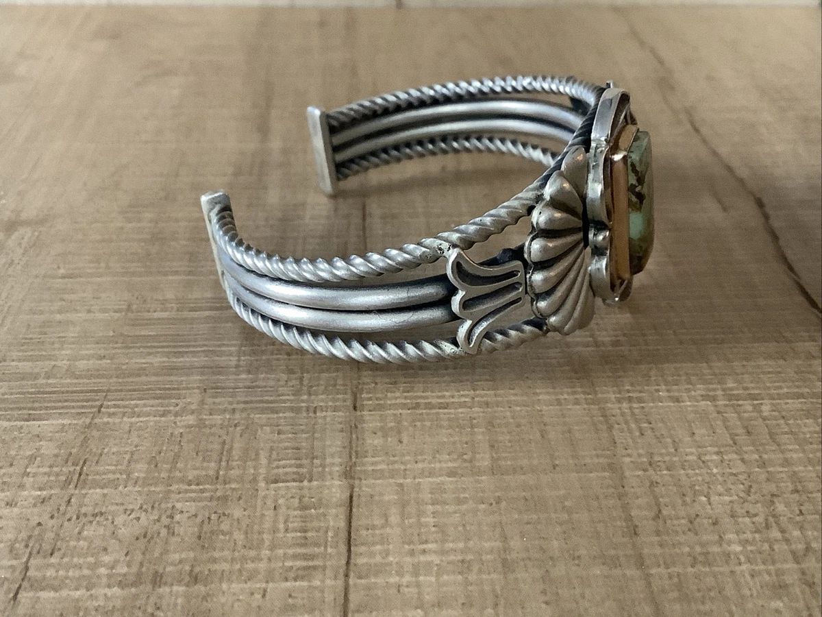 Vtg AJ Platero Sterling Silver 14k Gold Fan Bead Turquoise Navajo