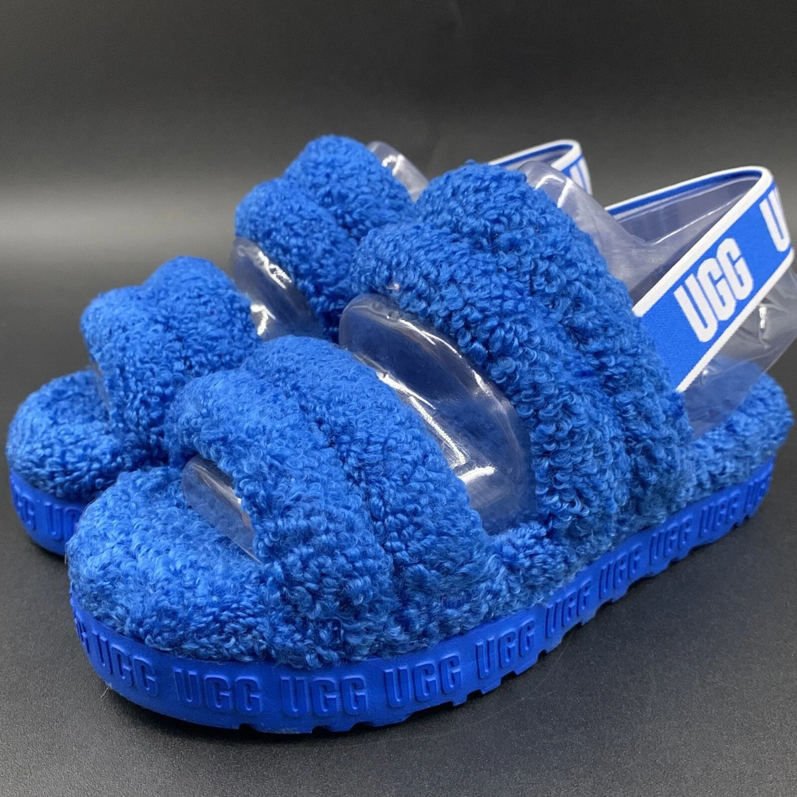 UGG OH FLUFFITA PANTOFOLA SANDALO SLIDE PLATFORM SHERPA IMMERSIONE BLU BAMBINI US 13