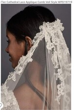 White 1Tier Cathedral Veil Floral Lace Applique Approx 8ft Never Worn