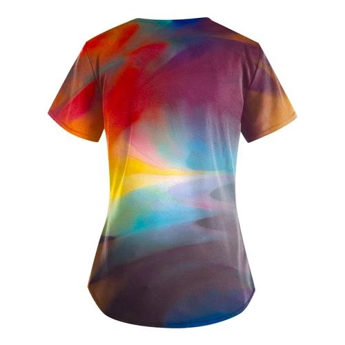 Women Printed Scrub Working Uniform V-Neck Short Sleeve Workwear Tee With Pocket - Picture 10 of 39