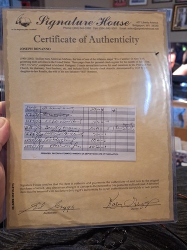 One Of Five Family Mafia Boss Joseph Bonanno Signed Check Book Invoice Pages COA