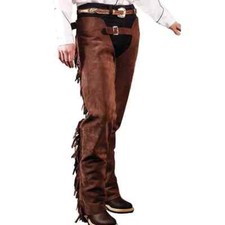 Men Western Cowboy Suede Leather Pant Fully Leg Fringes Riding Native Rodeo Chap
