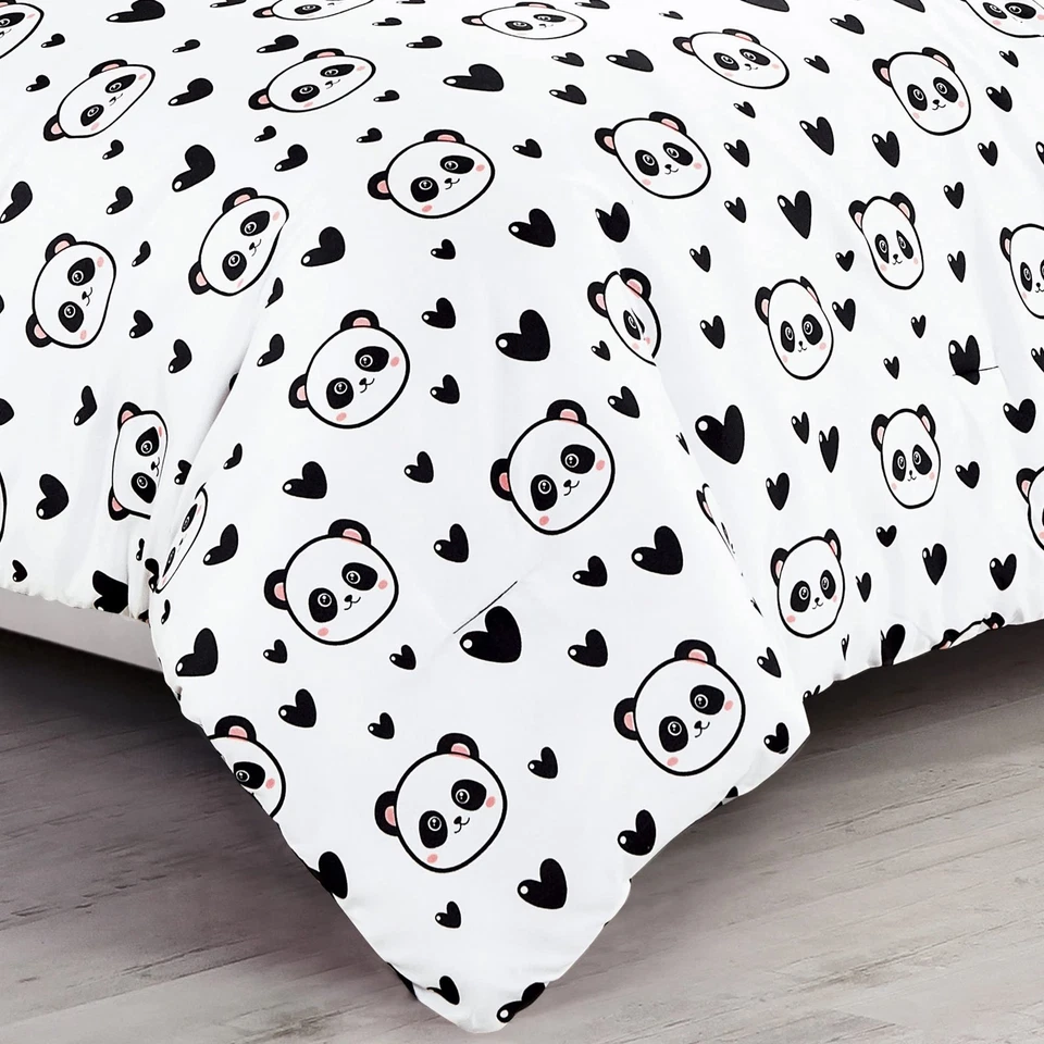 Juego de cama Chezmoi Collection 4 piezas negro blanco niñas Love Panda Hearts Mi... Foto 3 de 4