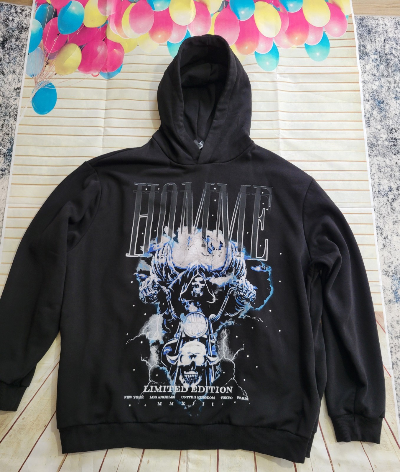 Homme Boohoo Man Skull Print Limited Edition Black Hoodie Sweatshirt Large