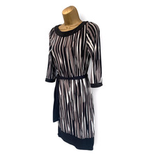 Marks & Spencer Dress UK Size 8 Black Brown Stretch Belted 3/4 Sleeves