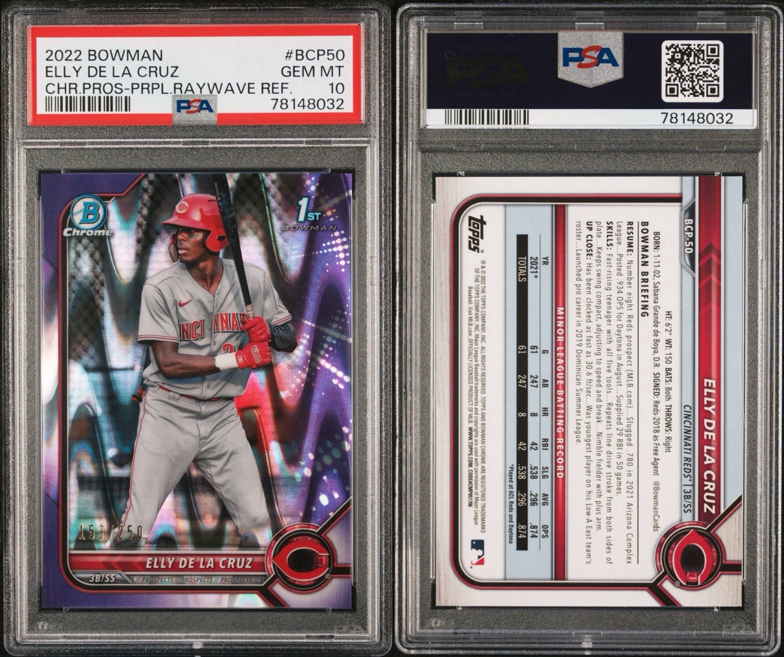 2022 Bowman Chrome Prospect Purple Raywave Ref Elly De La Cruz PSA 10 /250 PSA10 view 3