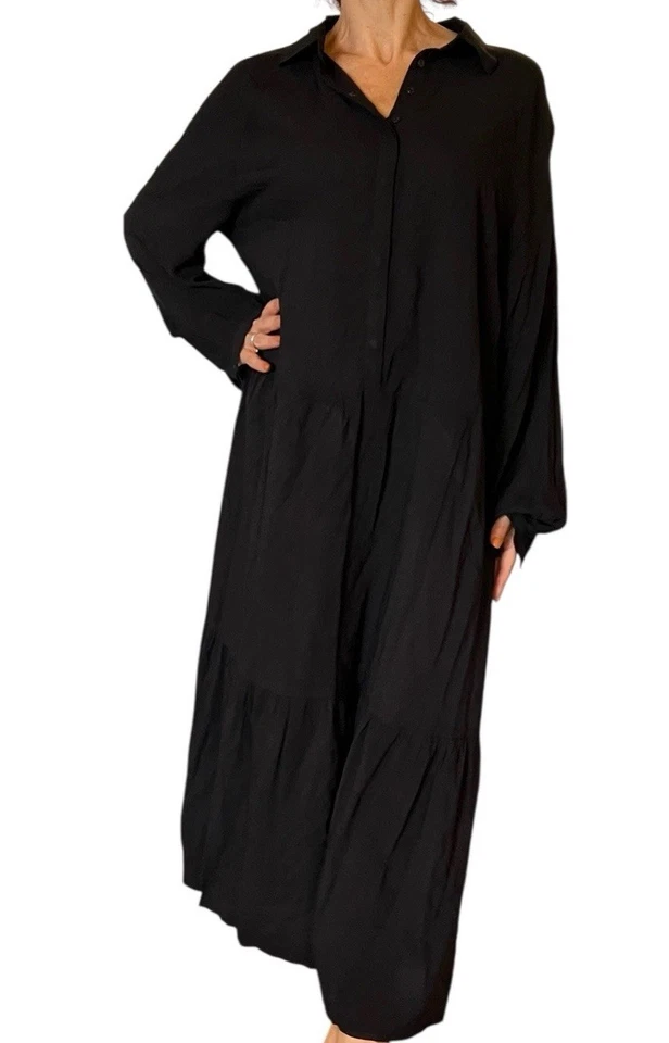 H&M Black Collared Long Midi Maxi Shirt Dress Minimalist Modest Viscose Tiered L - Image 3 of 4