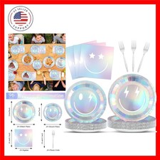 96Pcs Iridescent Party Supplies Smile Face Paper Plates Napkins Holographic F...