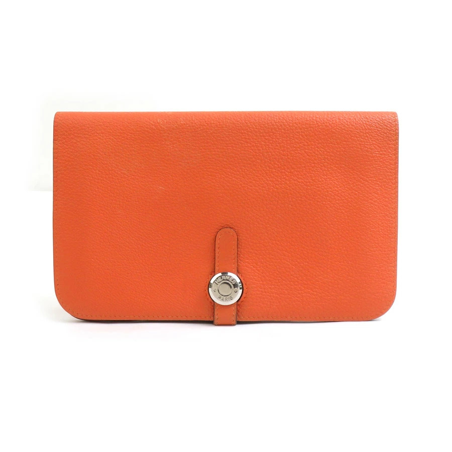 HERMES Dogon GM Leather Wallet Orange Used