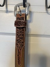 Cowgirl Hand-Tooled Brown Western Leather Belt w/Removable Buckle, 37" long