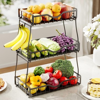 3 Tier Fruit Basket for Kitchen Countertop with 2 Banana Hangers,Detachable M...