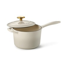 Bestow Enameled Cast Iron Sauce Pan with Lid, 2.5-quart, Latte with Gold Knob