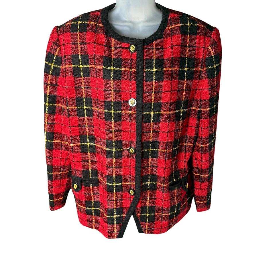 Chaqueta Blazer Lord & Taylor Talla Grande 22W Tweed Cuadros Roja Negra Años 90 Festiva Foto 2 de 4