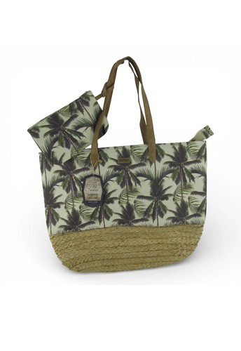 Sun 'N' Sand Tote Bag Womens Large Green Palm Tree Canvas Straw Beach Tropical