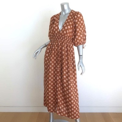 Zimmermann Primrose Puff Sleeve Midi Dress Brown/Pink Polka Dot Linen Size  0 | eBay
