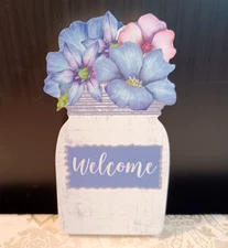 Floral Home Decor "Welcome" - Wooden Block - 8" X 4"
