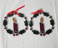 2 Stained Glass Christmas Holly Berry Candle Wreaths Hanging Vtg Suncatcher USA