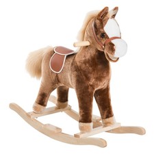 Kids Rocking Horse Plush Toddler Rocker Wooden Base Ride-On Toy, w/ Wooden Base