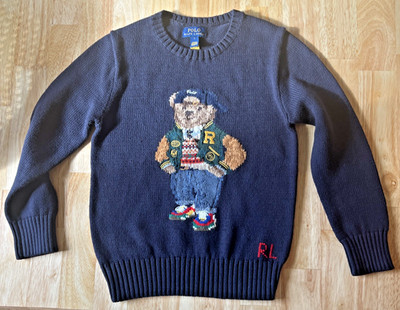 Polo Ralph Lauren Kids Sweater Navy Blue Bear Logo Knit Crew Neck Size 7 new