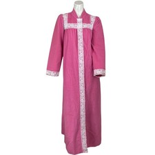 Vintage Sears At Homewear Fleece Housecoat Robe Medium Pink Lace Snap Button