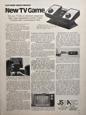 Atari Pong New TV Game Pre-Programmed Remote Control Ping Pong Print Ad 1976