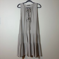 Zara Womens Ruffle Hem Tiered Midi Dress L Double Front Tie Beige Vacation Beach