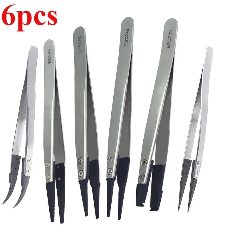 6pc Precision Tweezers Set Anti Static ESD Safe Interchangeable Electronics Tool
