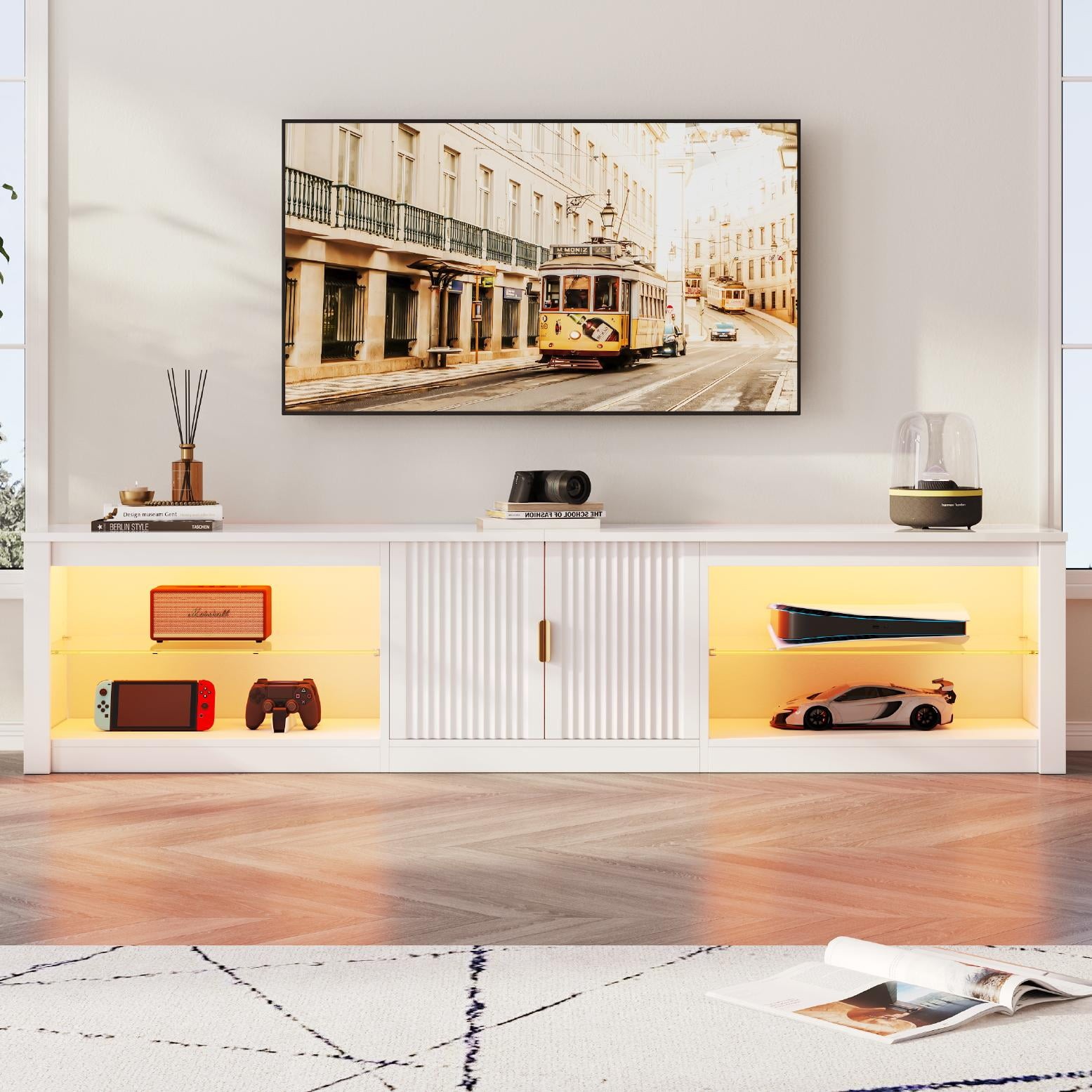 Bestier 80 Inch TV Stand, White High Gloss, RGB LED Lights, Storage Cabinet
