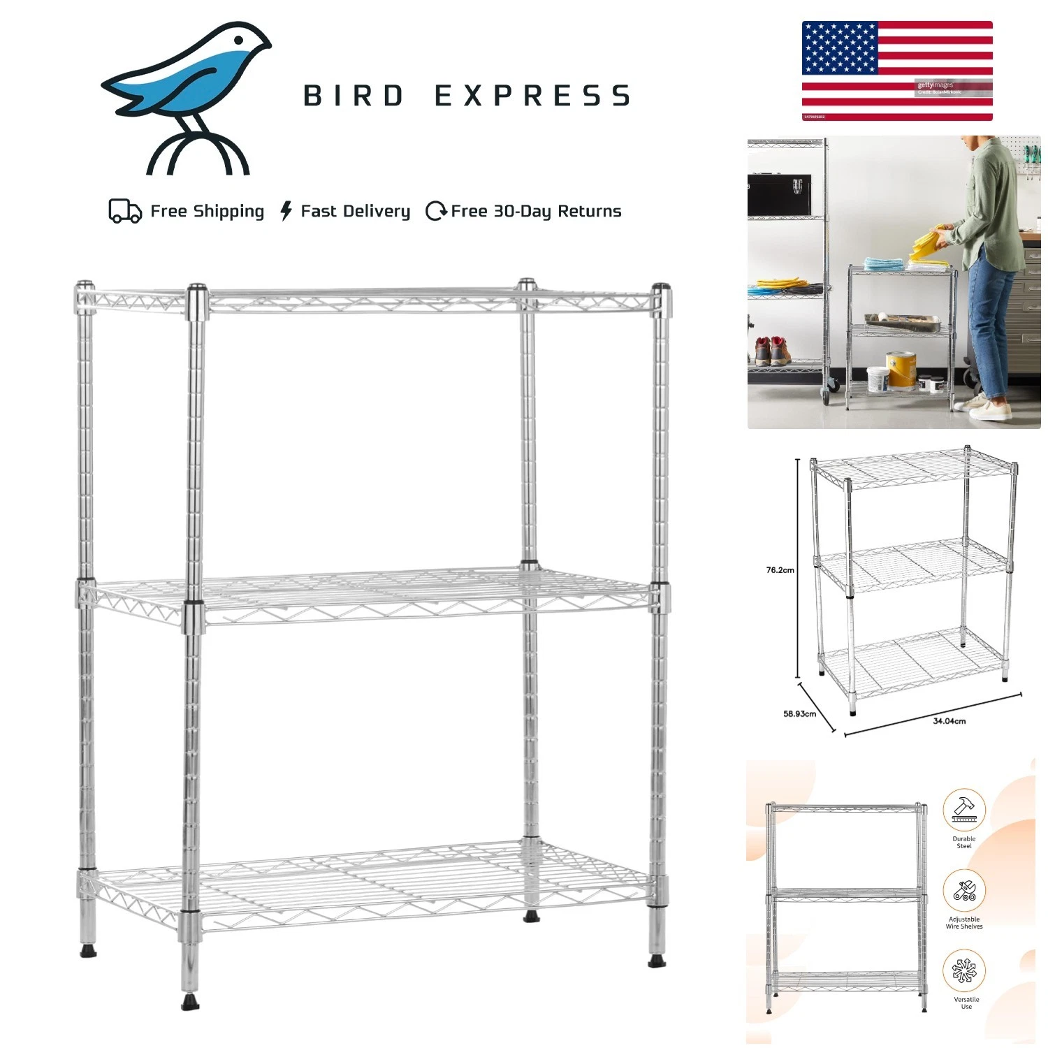 3 Shelf Adjustable Steel Wire Shelving Rack Storage Organizer Chrome Finish