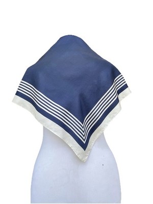 CODELLO 100% Silk Square Scarf Navy Blue White Striped Border Classic #A122