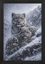 Schneeleopard Mutter und Jungtier im Schnee gerahmtes Wandbild Poster Druck Bild