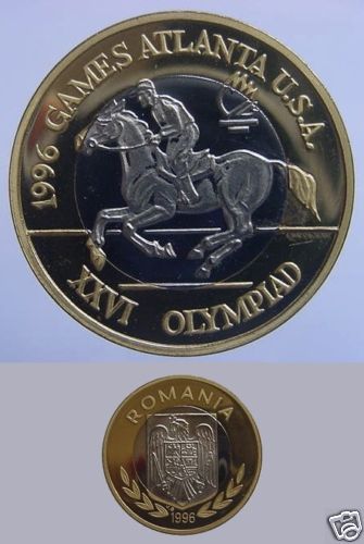 Rare 1996 Romania bi-met pdf 100L pattern Olympic Equestrian - Picture 1 of 1