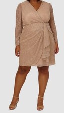Adrianna Papell Women's Beige Metallic Mesh Draped Dress Plus Size 14W